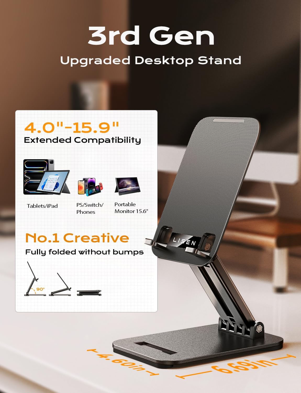 LISEN Fits iPad Stand Holder Adjustable Tablet Stand for Desk Portable Monitor Stand Tablet Holder Home Office Must Haves iPad Holder Accessories for Tablets/Portable Monitor/PS/Switch 4.7"-15.6"