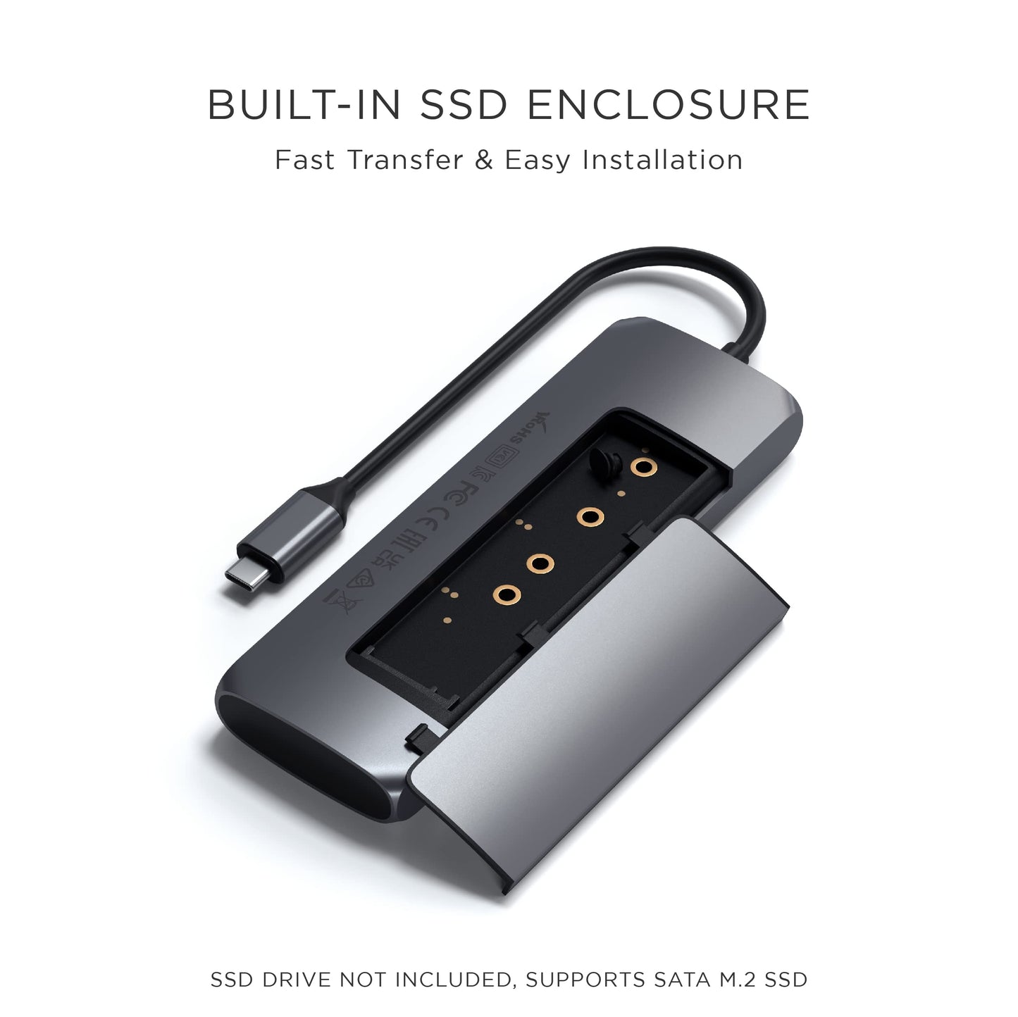 Satechi USB-C Hybrid Multiport Adapter - Fits M.2 SATA SSD, 4K HDMI 60Hz, USB-C PD, USB-A 3.1 Data Ports - for M2/ M1 MacBook Pro/Air, M2/ M1 iPad Pro/Air, M2 Mac Mini, iMac M1 (Space Gray)