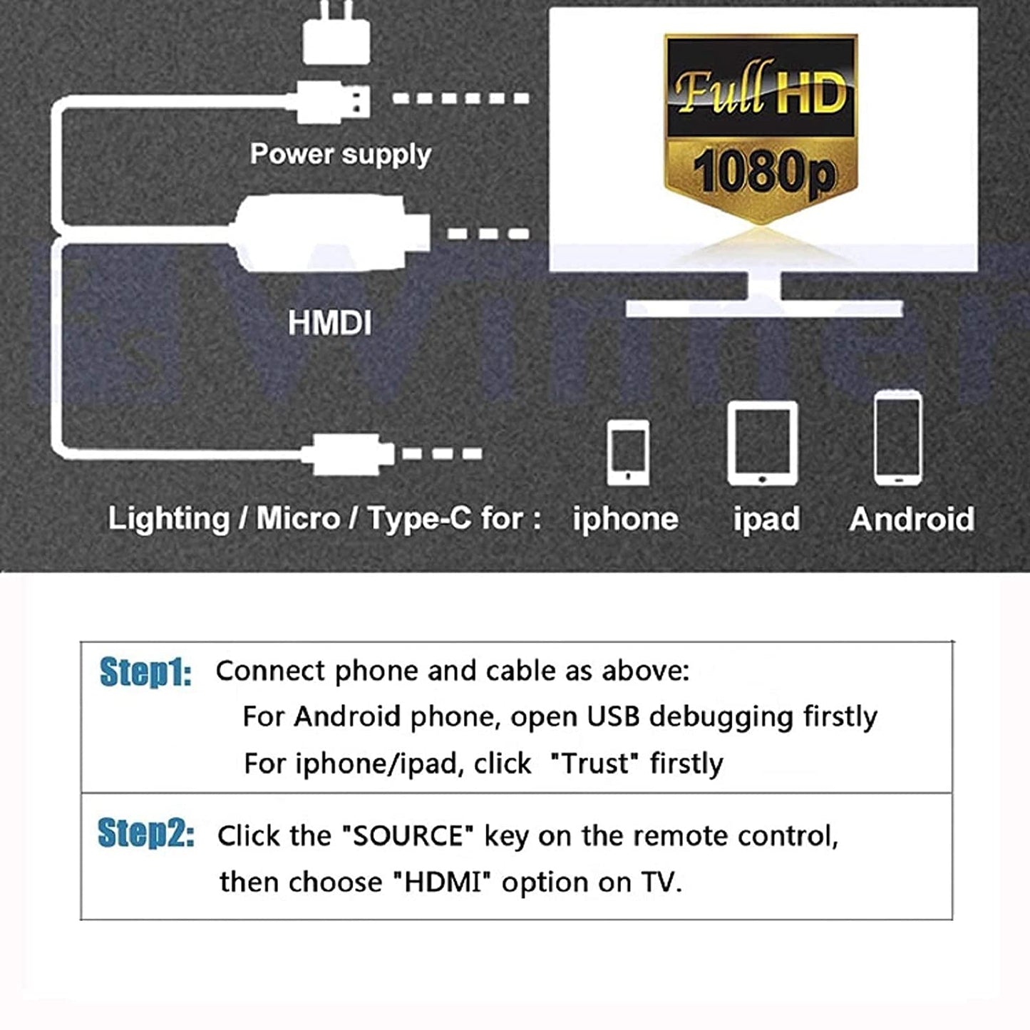 xonten 3 in 1 HDMI Adapter 1080p, Type-C/Lightning/Micro USB to HDMI, MHL & Non MHL Phone to HDMI, Mirroring Phone to TV/Monitor/Projector Compatible with Android 9 & iOS 5 Above Versions