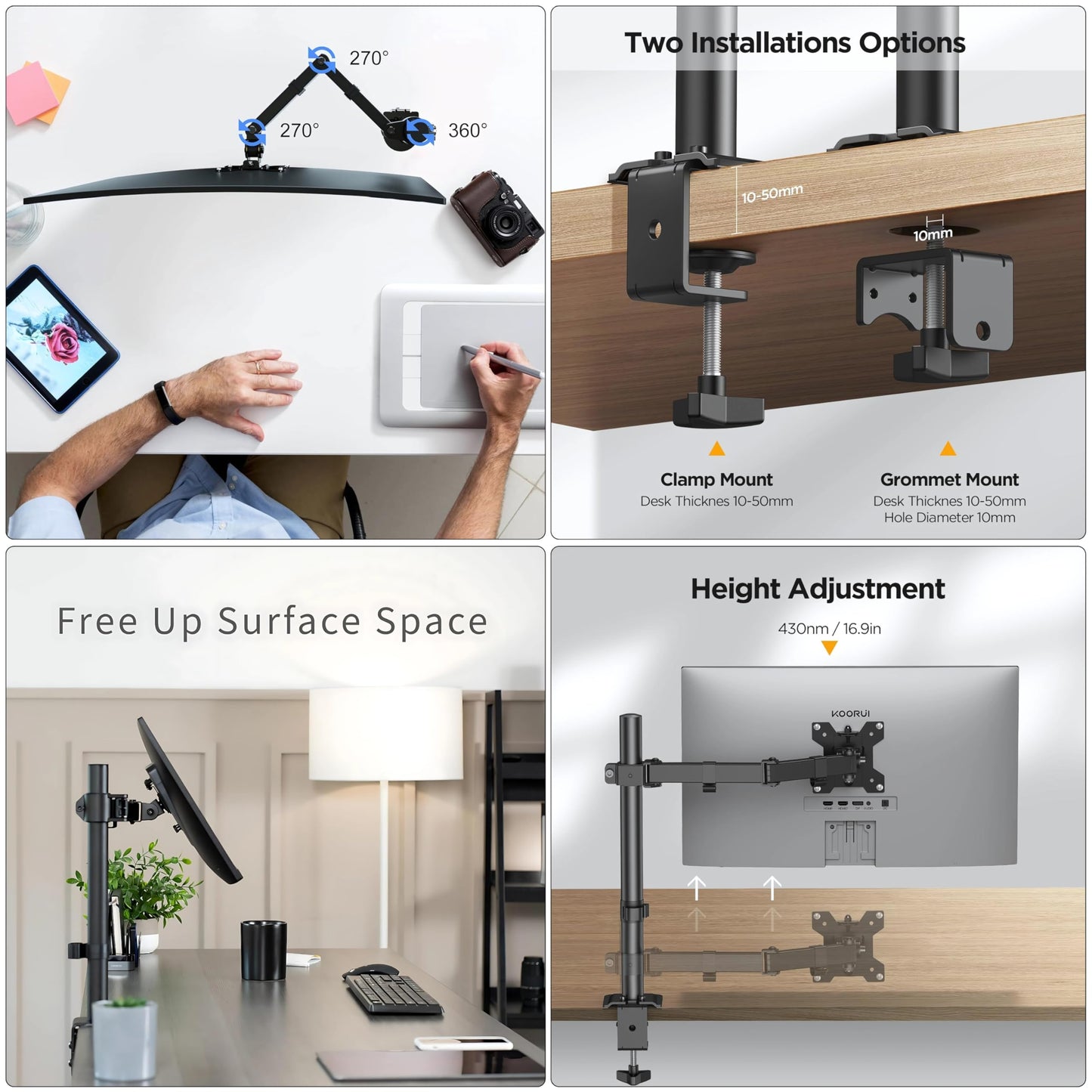 BIJASANI Single Monitor Stand for Desk Mount, Monitor Stand for Trading Monitor Setup at Home, Single Monitor Stand for Table, Arm Holds Upto 32 Inch Monitor of 10 KG Weight Each