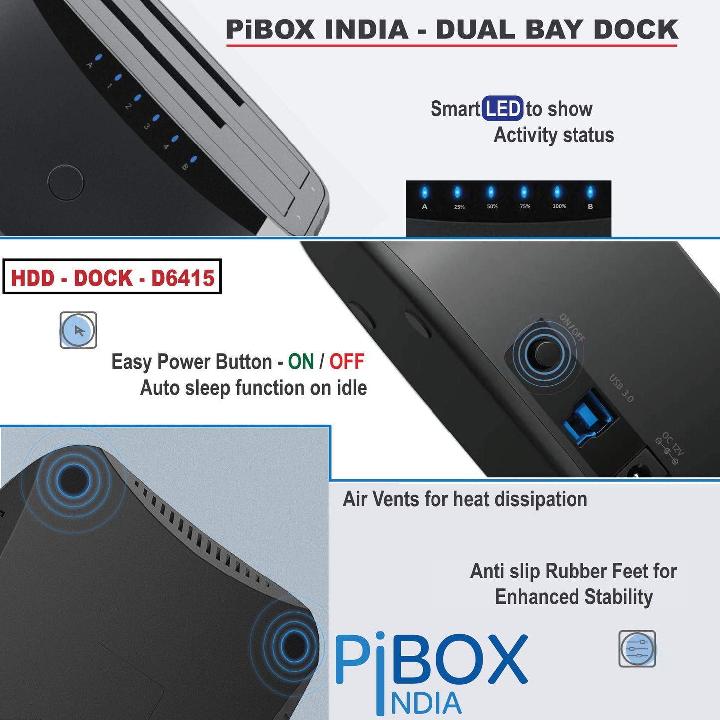 PiBOX India, Dual Bay USB 3.0 to SATA I, II, III Hard Drive Docking Station Upto 12TB for 2.5 or 3.5in HDD, SSD with Hard Drive Duplicator Offline Clone and Auto Sleep and UASP - Top-Loading Design