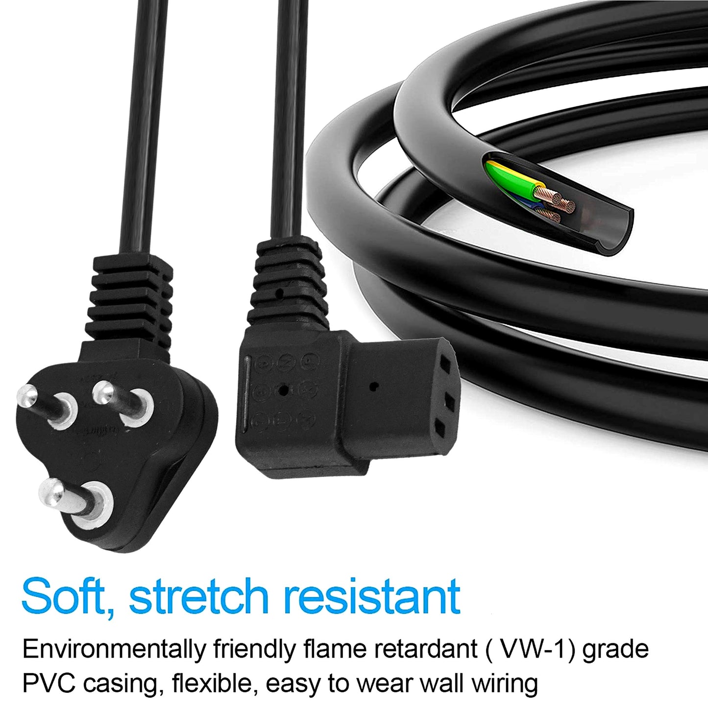 Storite 1.5M 90 Degree L Shape Power Cable for PC 3 Pin PC Power Cable 18AWG IEC Mains Kettle Lead Replacement Cord for Desktop, Monitor & Printer - Black