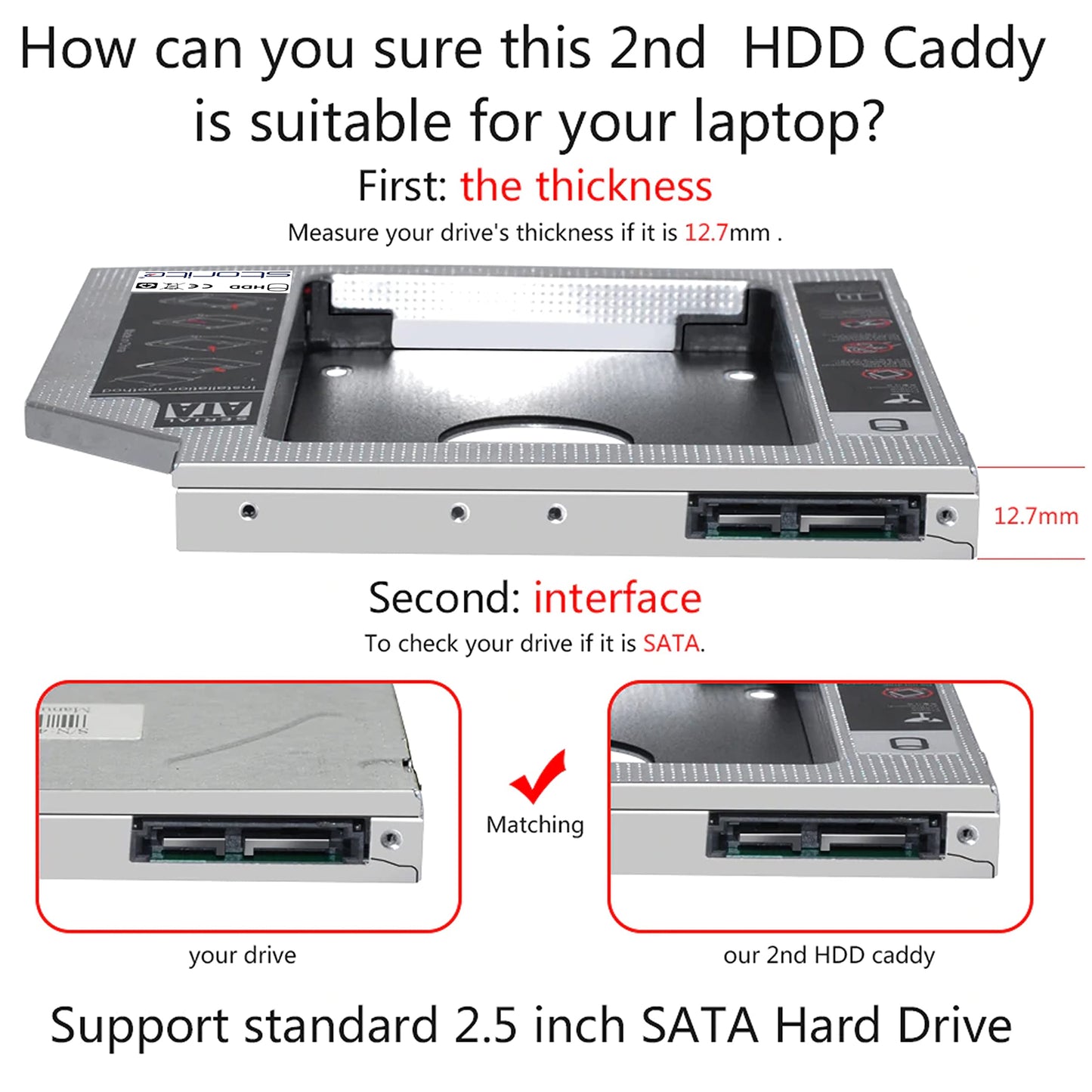 Storite SATA 2nd 2.5'' Hard Drive Caddy for 12.7mm Universal CD/DVD-ROM (for SSD and HDD)