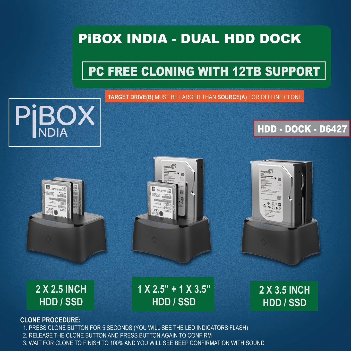 PiBOX India, Dual Bay USB 3.0 to SATA I, II, III Hard Drive Docking Station Upto 12TB for 2.5 or 3.5in HDD, SSD with Hard Drive Duplicator Offline Clone and Auto Sleep and UASP - Top-Loading Design