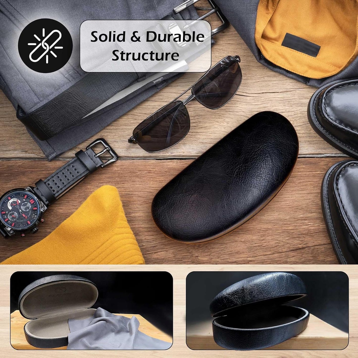 Styzere Hard Sunglasses Case for Medium, Large & Oversized frames with cleaning cloth & Pouch, Black (Black 1 Set)