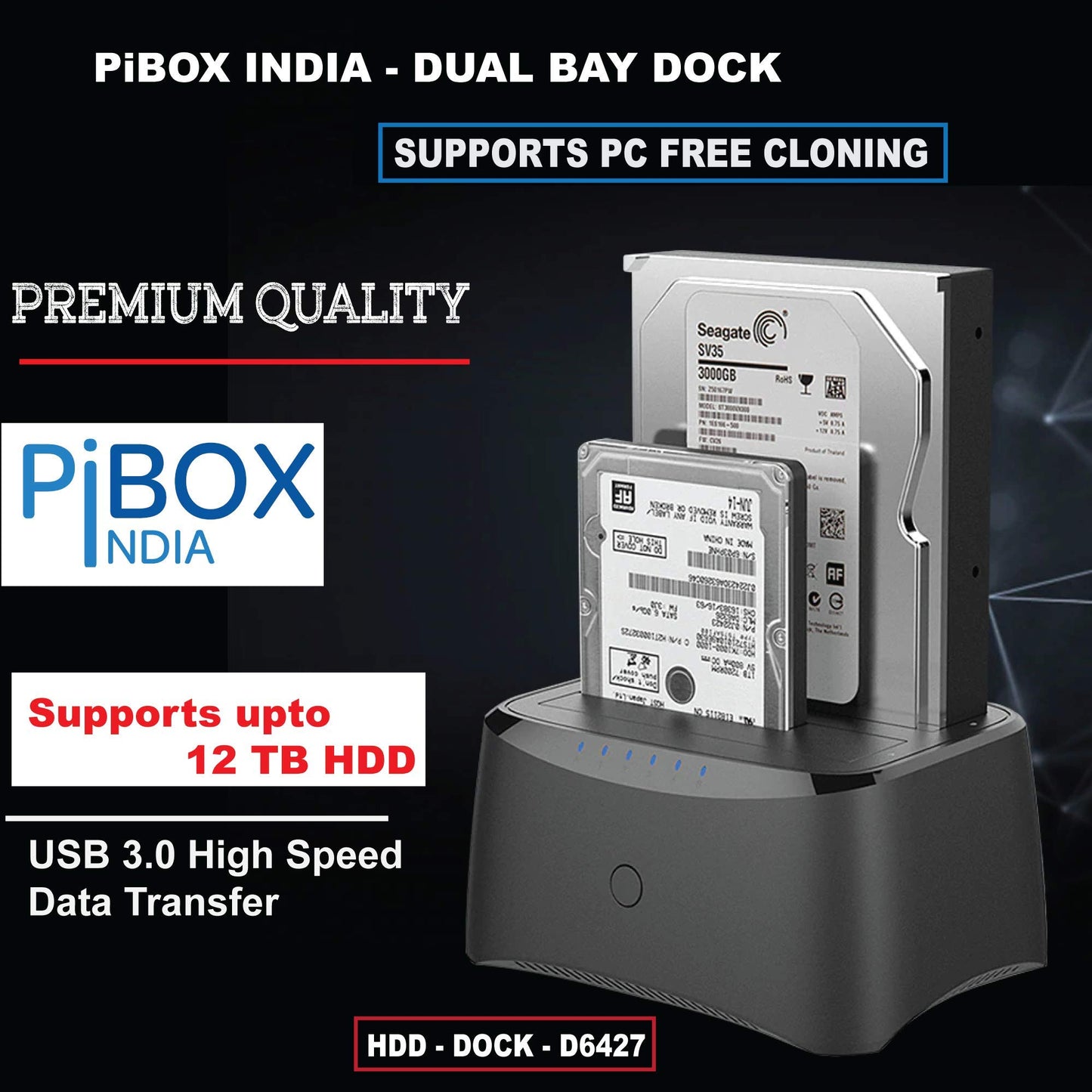 PiBOX India, Dual Bay USB 3.0 to SATA I, II, III Hard Drive Docking Station Upto 12TB for 2.5 or 3.5in HDD, SSD with Hard Drive Duplicator Offline Clone and Auto Sleep and UASP - Top-Loading Design