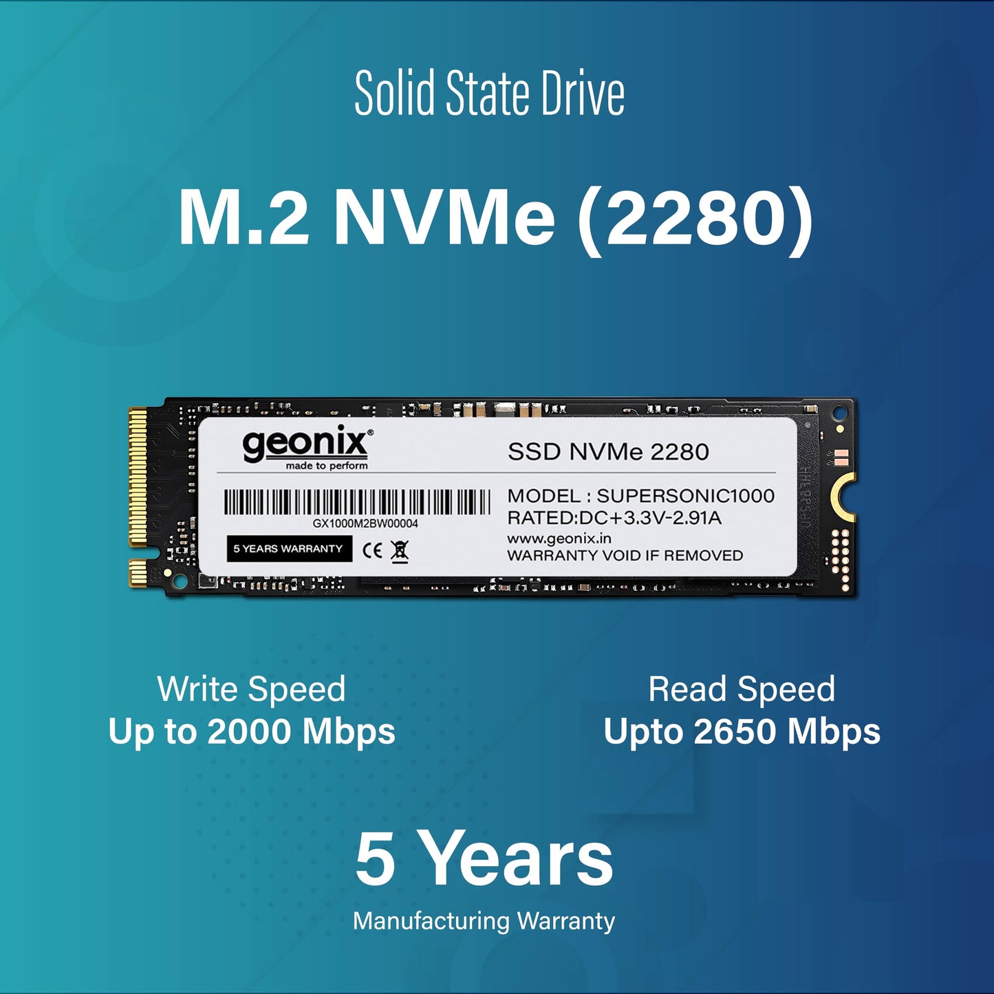 GEONIX 128GB M.2 NVMe SSD, 2280 SATA III (6Gb/s), Read Speed – Up to 2650 Mbps, Write Speed – Up to 2000 Mbps, Internal Solid State Drive (SSD), (3years Warranty)