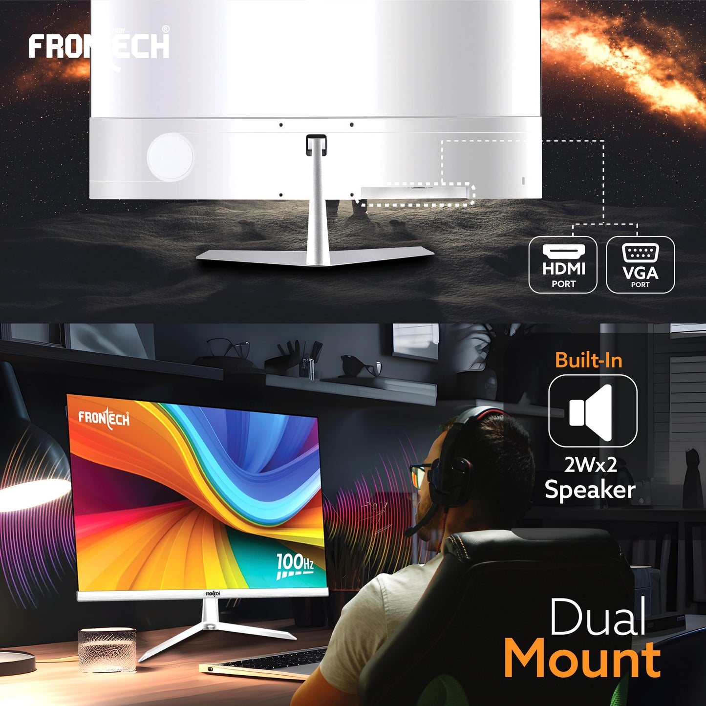 FRONTECH 24 Inch Ultima Series LED Monitor | Refresh Rate 100Hz | Full HD 1080p, Slim Bezel Less Design | Triple INBUILT Ports- HDMI, VGA & Type-C Port | Inbuilt Speaker (MON-0089, White)