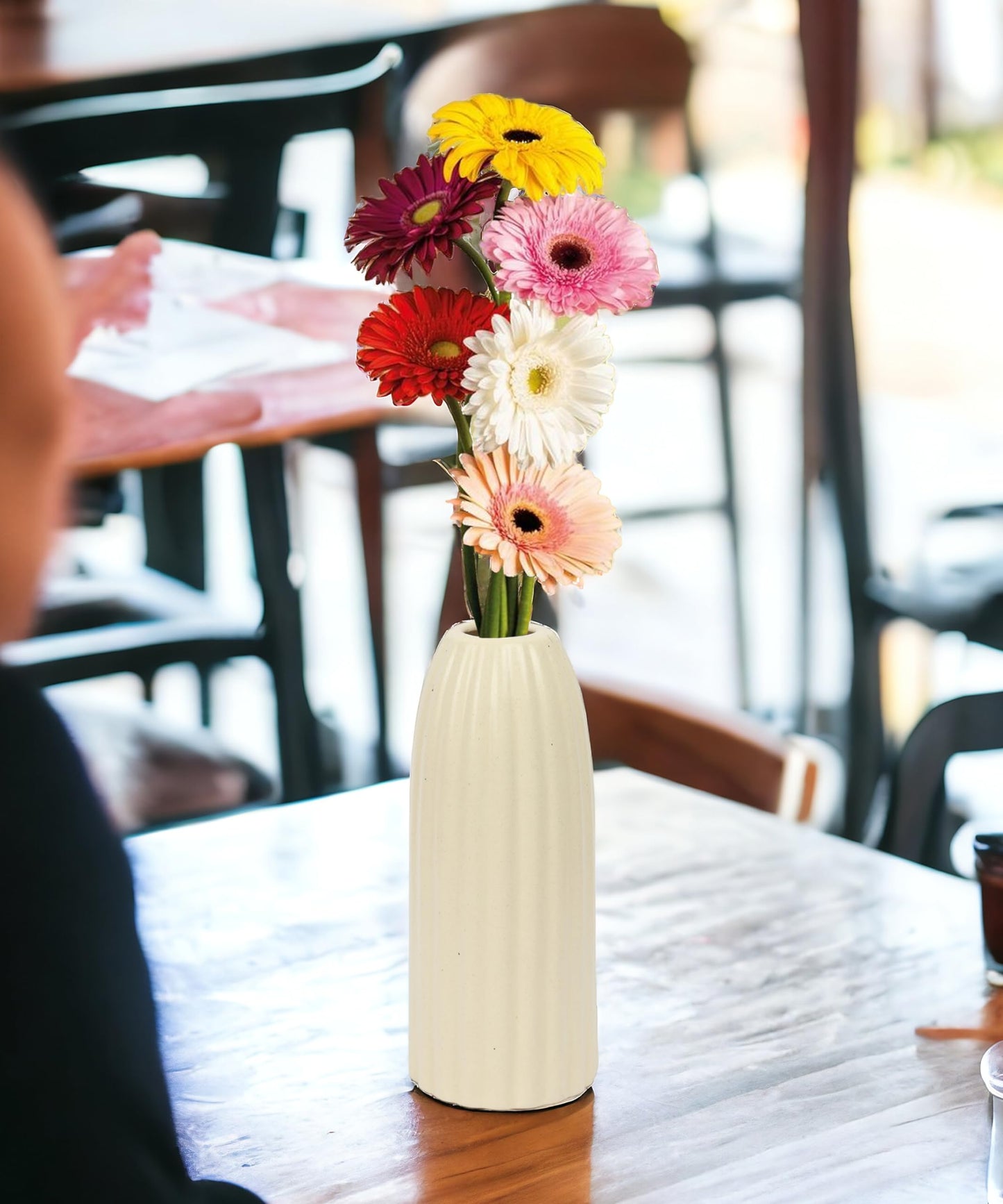 Ribbed Pipe Ceramic Vase for Flowers, Pampas Grass, or Live Plants | Decorative Home & Office Centerpiece Gift – No Flowers- (White, 6 Inch)