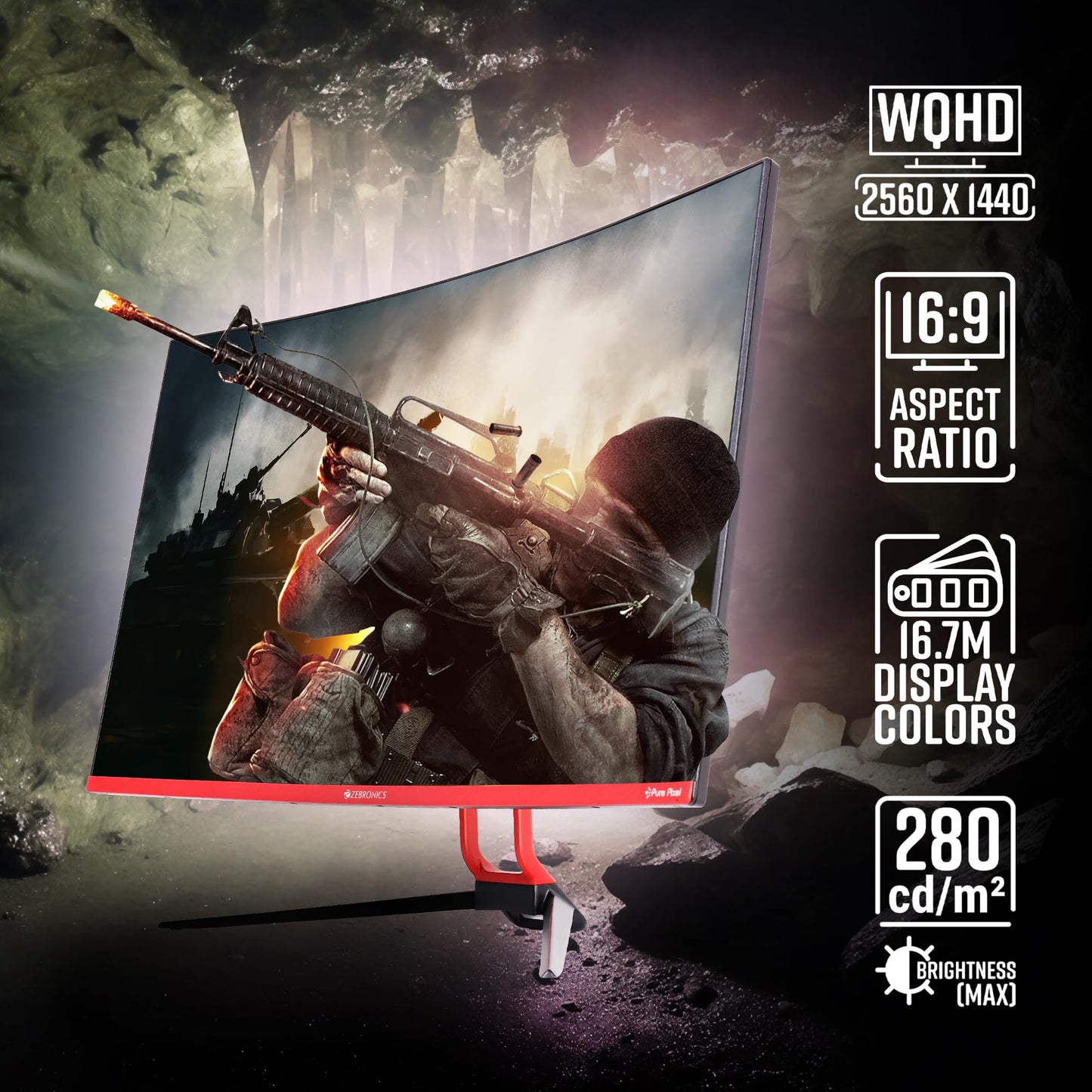 ZEBRONICS S32A, 1800R Curved Gaming Monitor, 32 inch (80cm), 280 nits, 180Hz, WQHD, 2560x1440, FreeSync, 1ms MPRT, HDMI, DP, HDR10, Bezel Less, Built-in Speakers, Wall Mountable