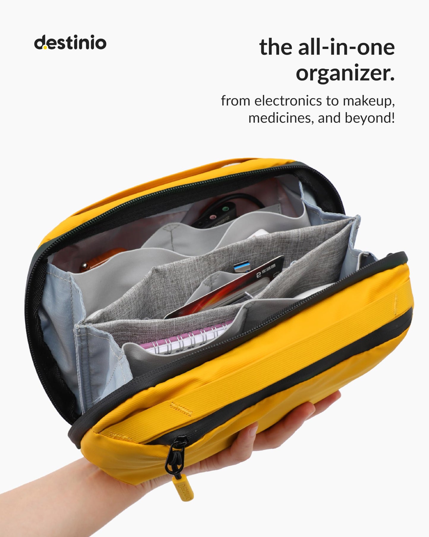 Destinio Electronic Gadget Organizer Bag - Waterproof With Foam Padding - Tech Pouch For Cable, Adapter, Charger, Portable Travel Electronics And Accessories Organiser (Yellow, 1 Unit, Nylon)