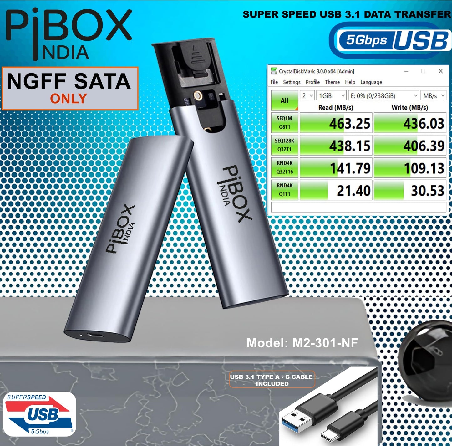 pibox India NGFF M2 SATA Enclosure, M.2 Enclosure for SATA NGFF SSD Aluminum case USB 3.1 Gen 2 to B M B-Key 2280 2260 2242 2230 External Solid State Drive with UASP - REALTEK RTL9201R - Tool Free