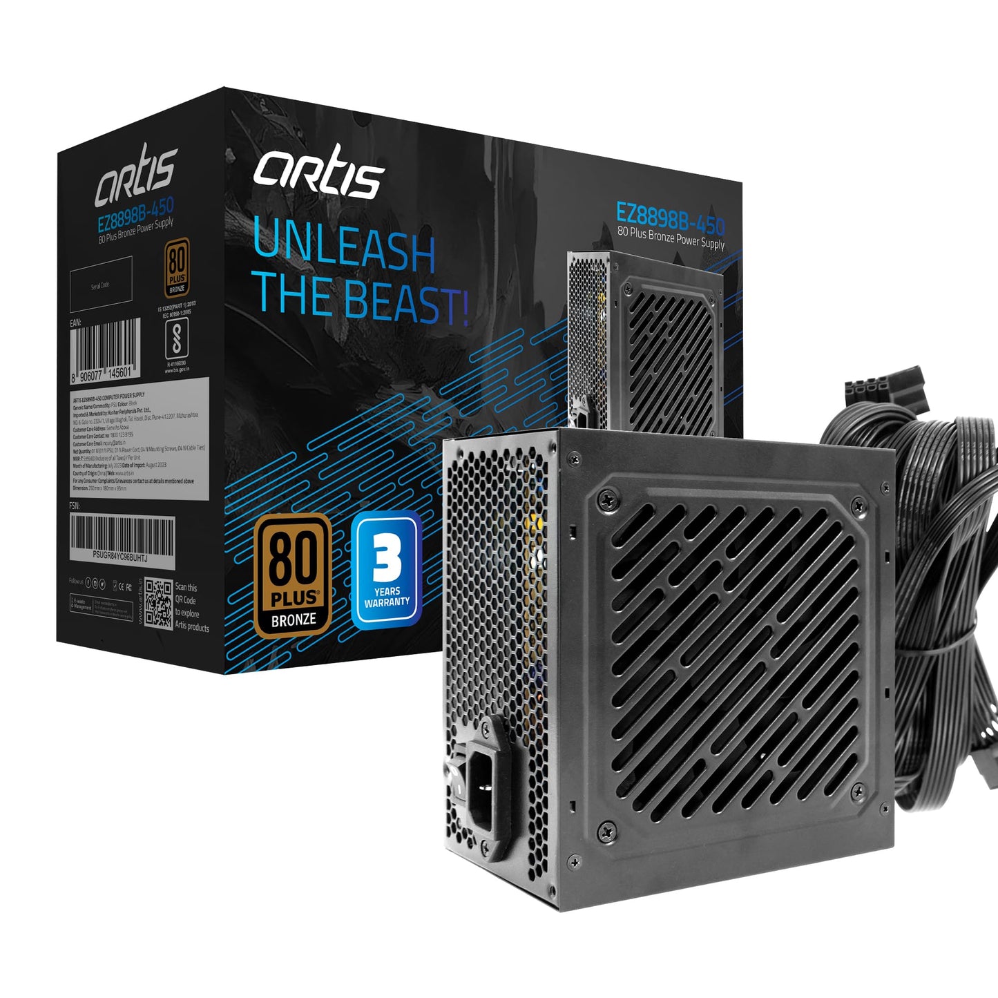 Artis EZ8898B-450 80 Plus Bronze Power Supply Unit with 12CM Thermally Controlled Silent Fan & DC to DC Technology