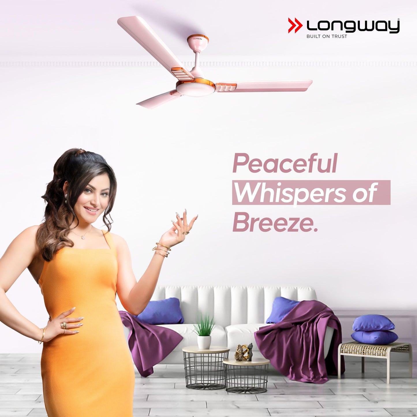 LONGWAY Wave P1 1200 mm/48 inch Ultra High Speed 3 Blade Anti-Dust Decorative Ceiling Fan (Rusty Pink, Pack of 1)