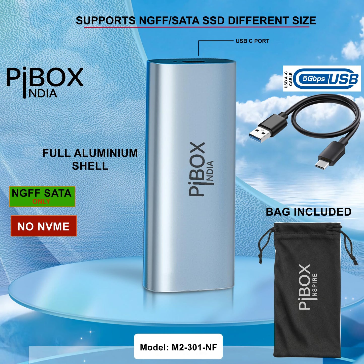 pibox India NGFF M2 SATA Enclosure, M.2 Enclosure for SATA NGFF SSD Aluminum case USB 3.1 Gen 2 to B M B-Key 2280 2260 2242 2230 External Solid State Drive with UASP - REALTEK RTL9201R - Tool Free