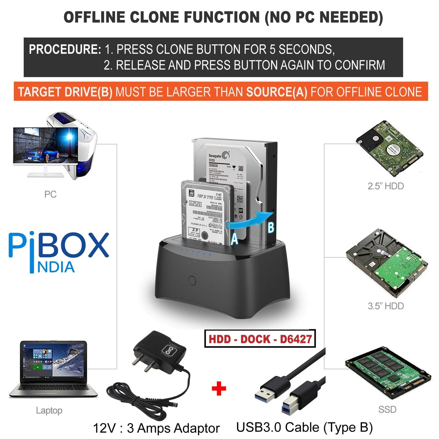 PiBOX India, Dual Bay USB 3.0 to SATA I, II, III Hard Drive Docking Station Upto 12TB for 2.5 or 3.5in HDD, SSD with Hard Drive Duplicator Offline Clone and Auto Sleep and UASP - Top-Loading Design