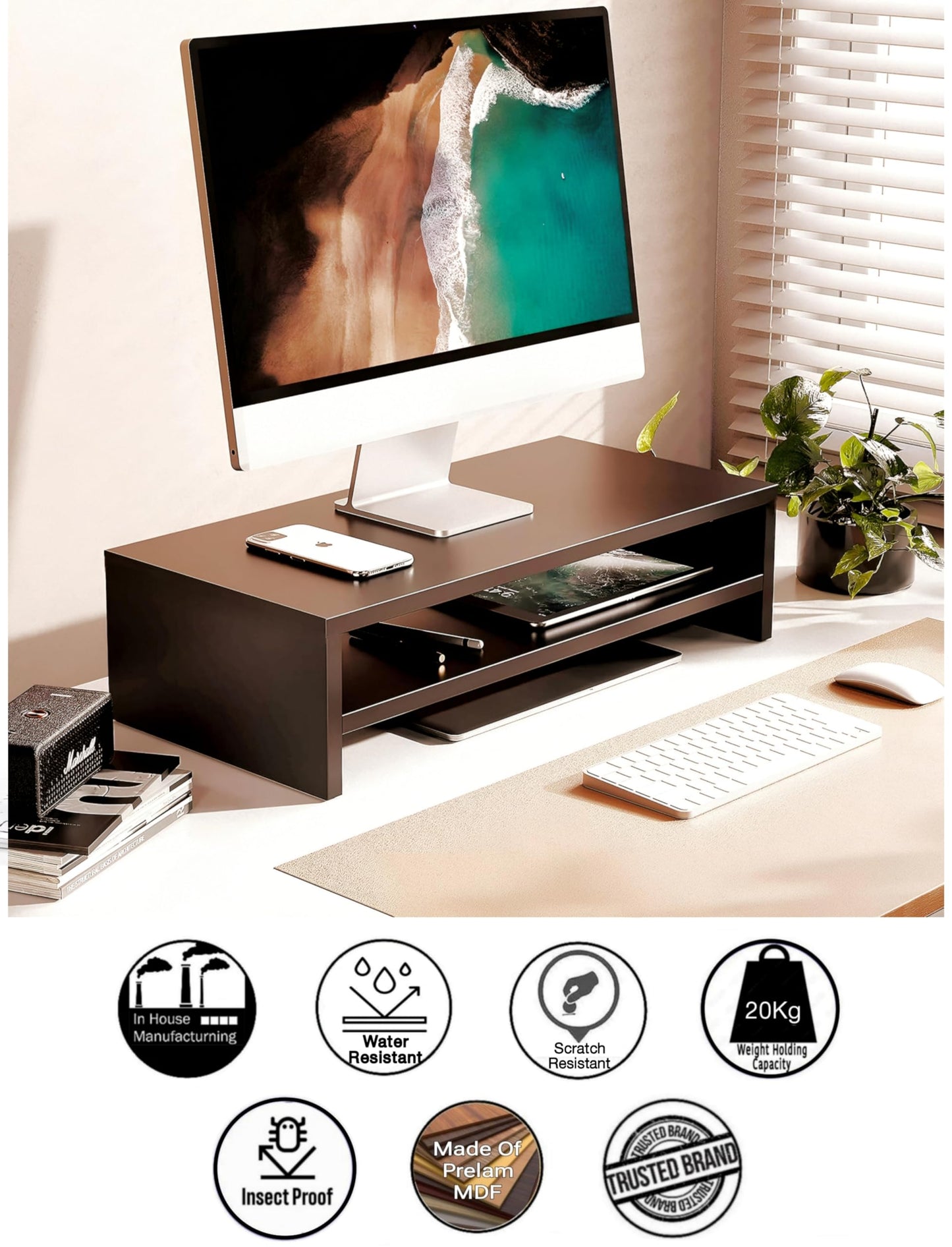 Dime Store Wooden Monitor Stand with Storage Organizer For Desk, Tables, Office, Home, Studio, Study Table | Desktop Ergonomic Monitor Stand Riser (Medium, Brown)