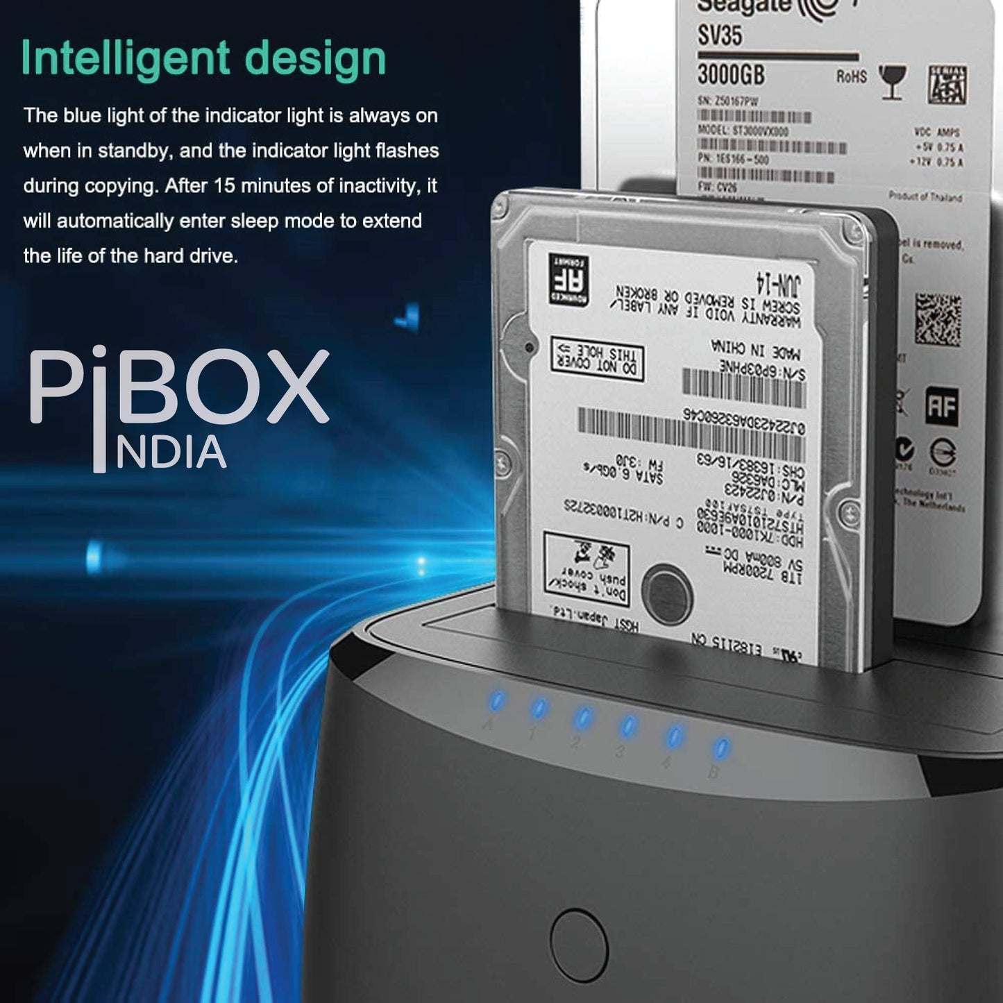 PiBOX India, Dual Bay USB 3.0 to SATA I, II, III Hard Drive Docking Station Upto 12TB for 2.5 or 3.5in HDD, SSD with Hard Drive Duplicator Offline Clone and Auto Sleep and UASP - Top-Loading Design