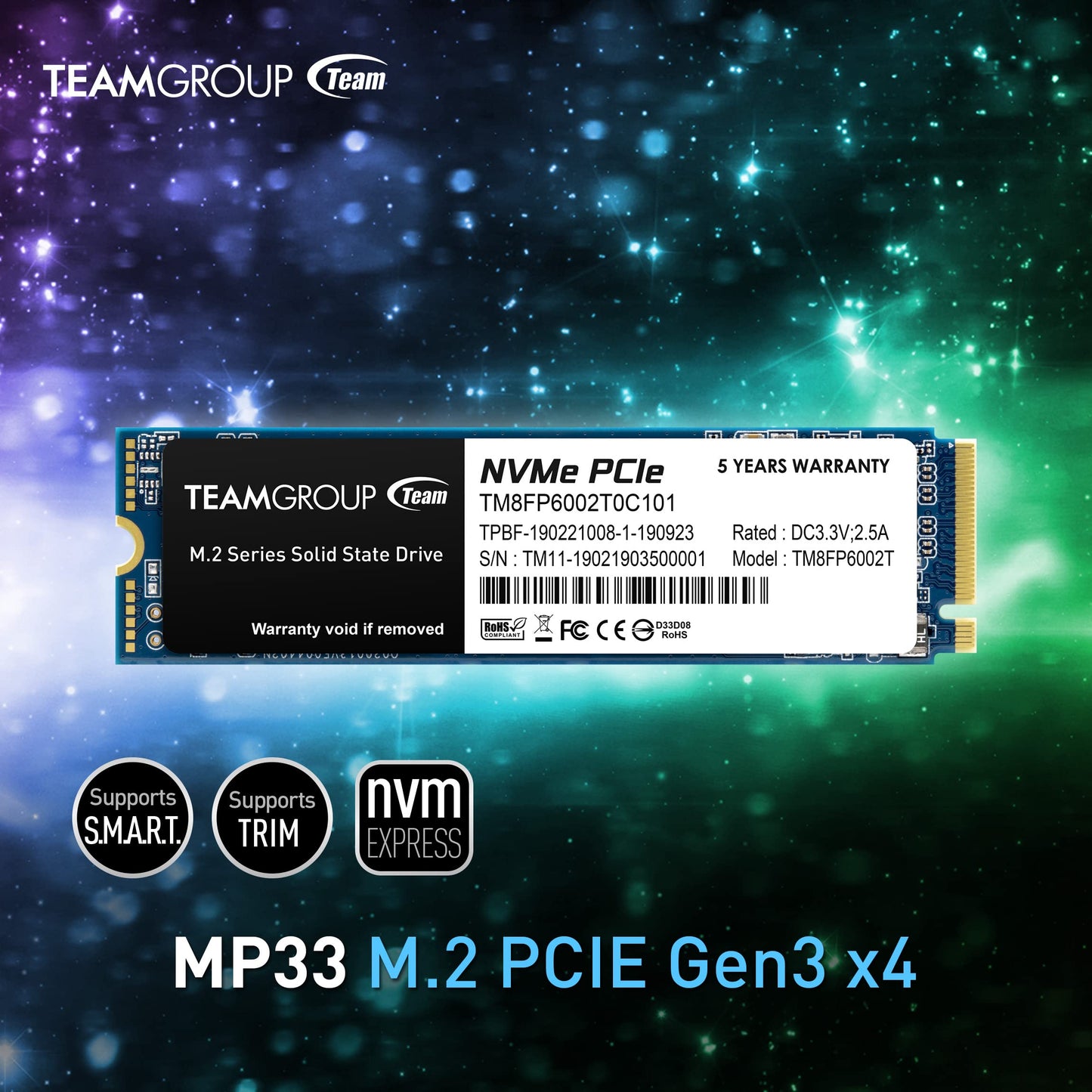 TEAMGROUP MP33 256GB Nvme M.2 2280 Pcie Gen 3 Gaming SSD, 3D NAND TLC, SLC Cache, Internal Solid State Drive, Speed Up to 1600/1000 MB/s, High Performance, Low Latency, ECC Function, for PC & Laptop