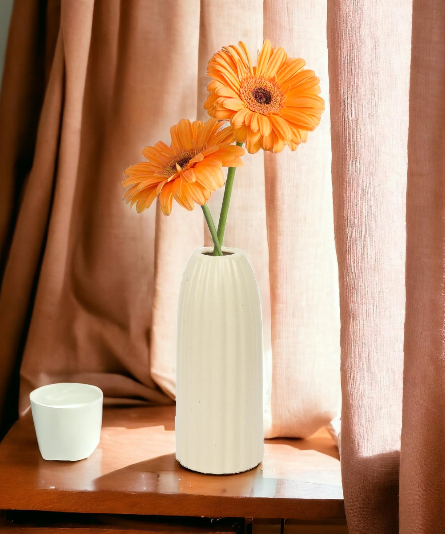 Ribbed Pipe Ceramic Vase for Flowers, Pampas Grass, or Live Plants | Decorative Home & Office Centerpiece Gift – No Flowers- (White, 6 Inch)