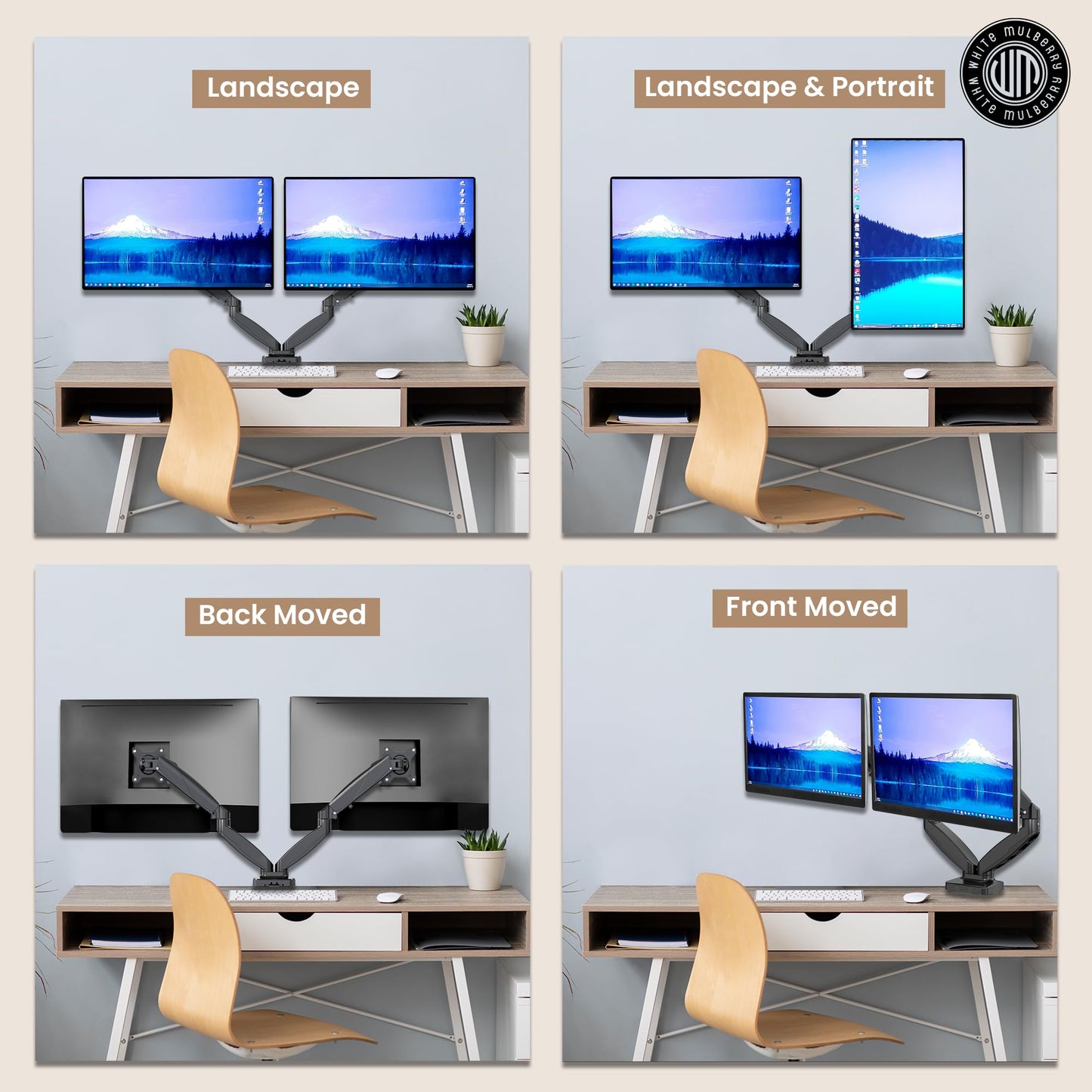 White Mulberry (Manufactured by LUMI)|DIY|Economical Gas Spring Monitor Arm | Desk Mounted Monitor Stand for 15-32 Inch Monitors |9Kg Capacity | Adjustable Metal Desk Monitor Mount - Dual Screen