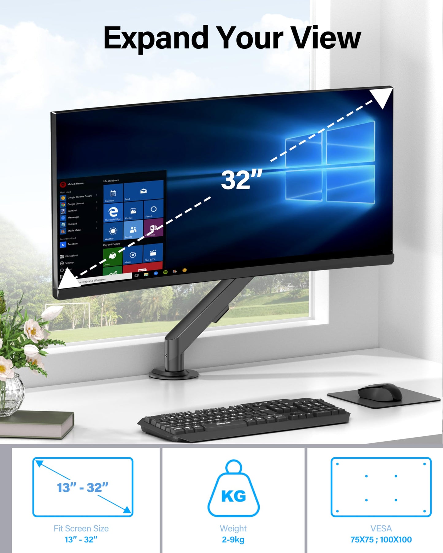 HEYMIX Single Monitor Arm, Ergonomic Monitor Stand VESA Mount, Computer Monitor Arm Gas Spring, Vesa Arm Adjustable Monitor arm, Monitor Mount & 2 Grommet Mounting Base for 13-32'' 2-9 kgs Sceens