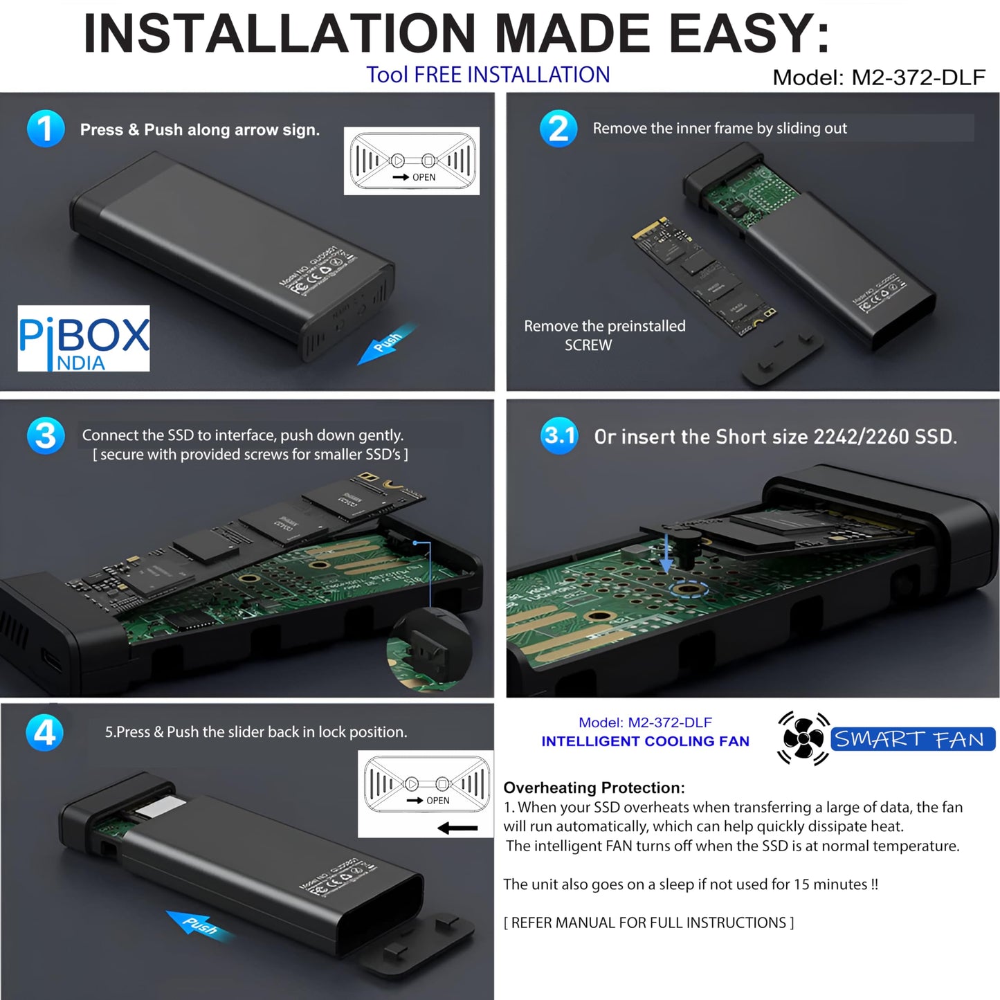 NVME M.2 Fan Enclosure, PiBOX India NVMe/NGFF SATA Dual SSD Enclosure Smart Fan- USB 3.2 10Gbps, Tool-Free M.2 NVMe Case, PCI-E NVMe to USB-C, Supports M, B&M Keys 2230/2242/2260/2280 SSD RTL9210B