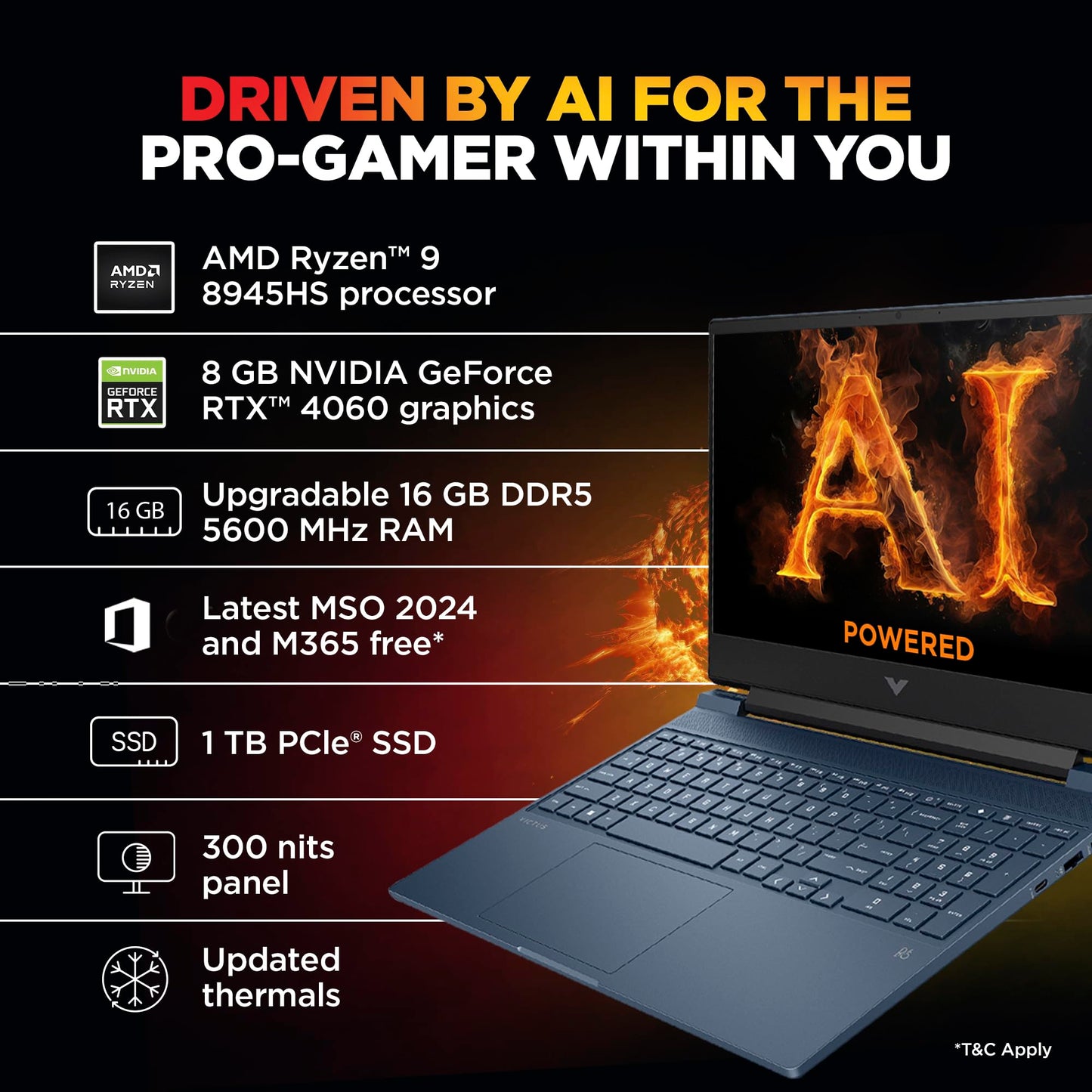 HP Victus AI Gaming Laptop, AMD Ryzen 9 8945HS, 8GB NVIDIA RTX 4060 (Upgradable 16GB DDR5, 1TB SSD) Microsoft365*, Office2024, Win11, 144Hz, IPS, 15.6inch(39.6cm) FHD, Blue, Backlit, 2.29kg, fb3025AX