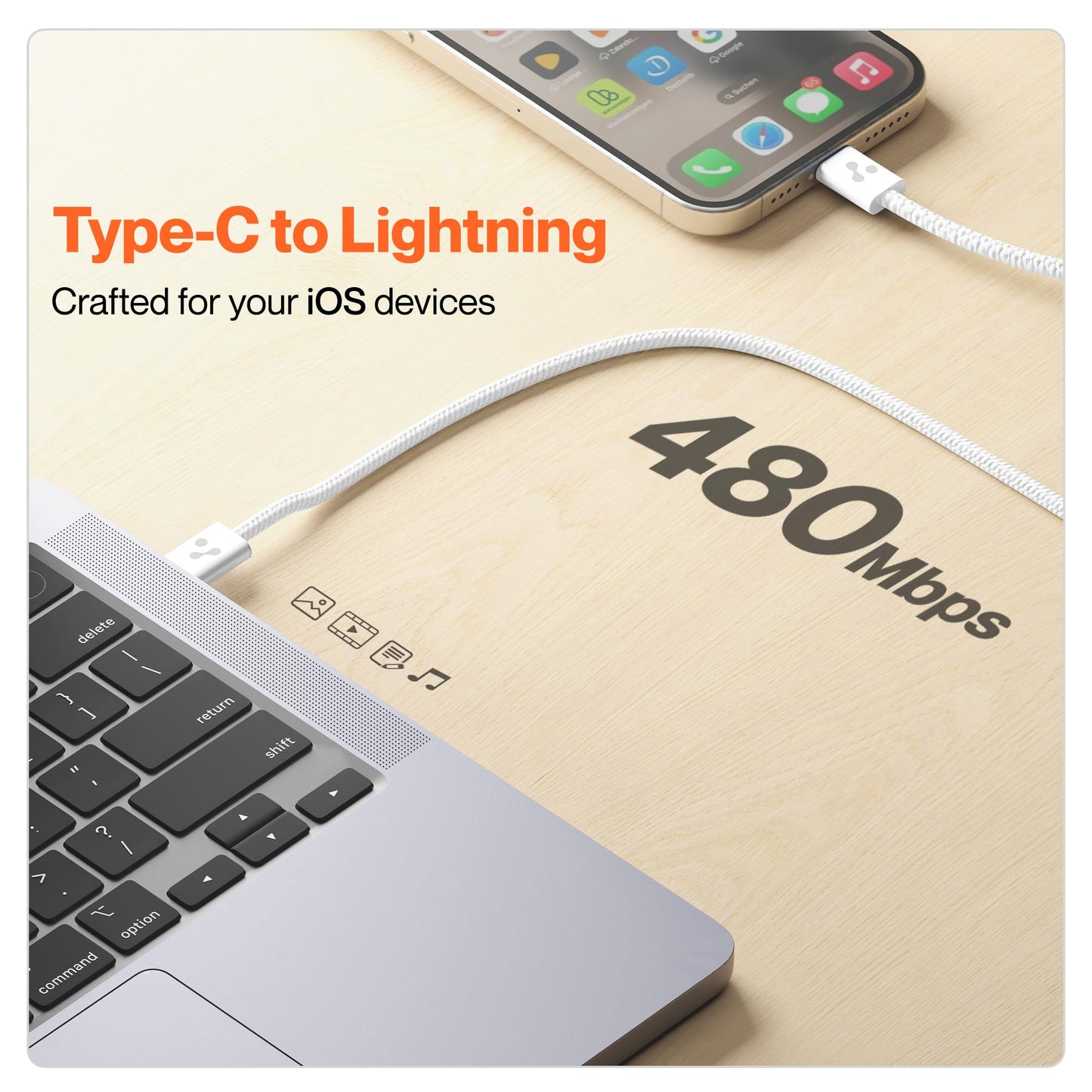Ambrane Type-C to Lightning Cable, 22.5W Fast Charging Cable Compatible with iPhone 14, 13, 12,11, X, 8, 7, 6, 5, Pro,Max, iPad, Macbook, iMac, AirPods, Supports CarPlay, 1.2m (ABTL-Q12, White)