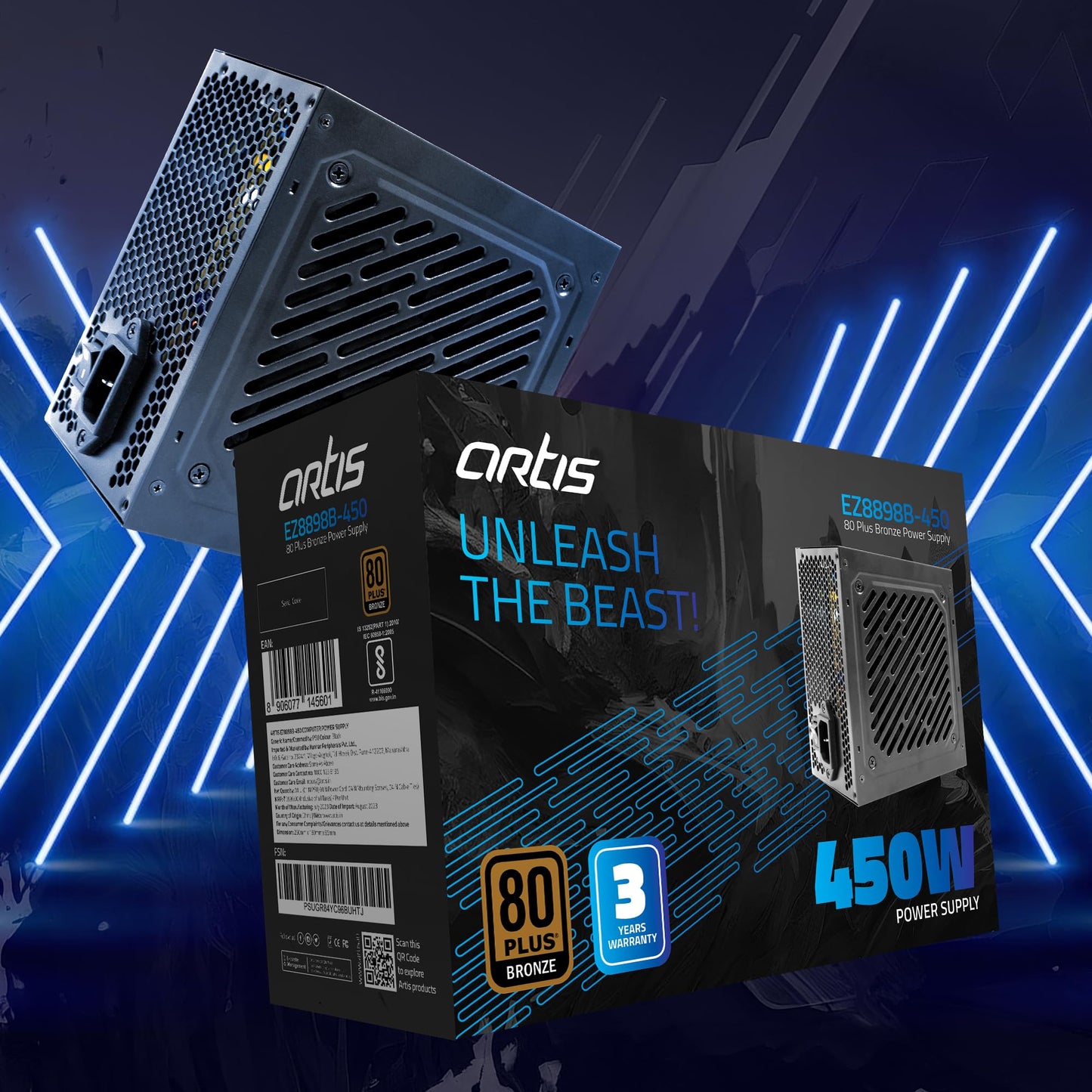 Artis EZ8898B-450 80 Plus Bronze Power Supply Unit with 12CM Thermally Controlled Silent Fan & DC to DC Technology