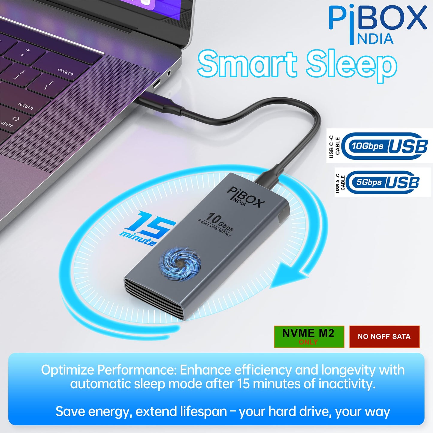NVME M2 Enclosure Fan, PiBOX India NVMe SSD Enclosure - USB 3.2 10Gbps, Tool-Free M.2 NVMe Case, PCI-E NVMe Reader, USB-C, Supports M & B&M Keys, 2230/2242/2260/2280 SSDs Powerful -RTL9210