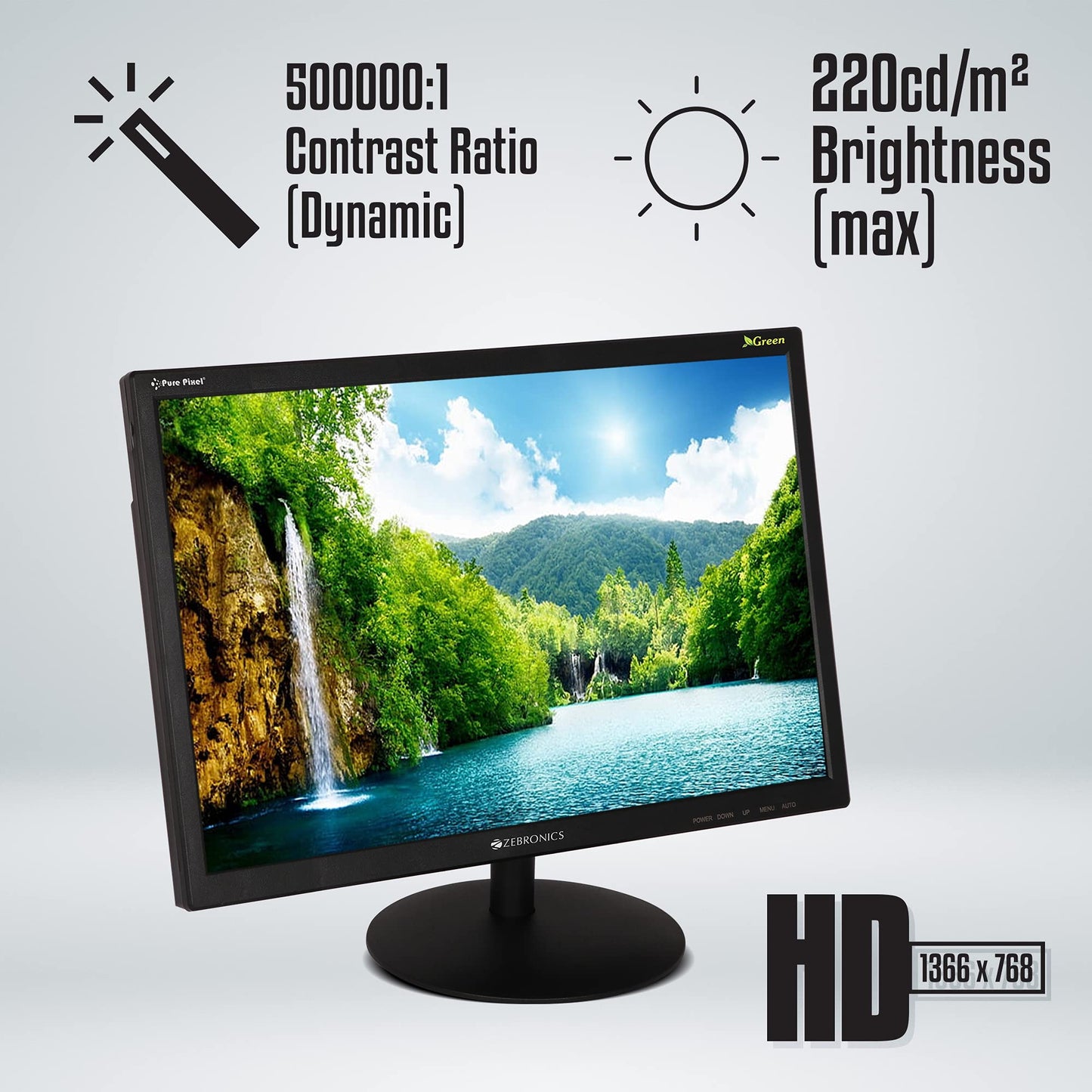 ZEBRONICS Zeb-V19Hd 18.5 Inch (46.99 Cm) Led Monitor with Supporting Hdmi, Vga Input, Hd 1366 X 768 Pixels, 16.7M Colors, Glossy Panel, Slim Design & Wall Mountable, Black
