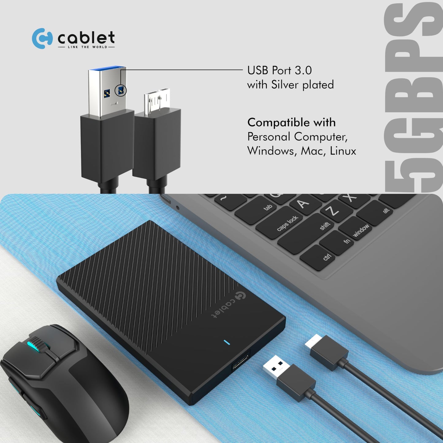 Cablet 2.5 Inch SATA USB 3.0 HDD/SSD Portable External Enclosure for 7mm and 9.5mm, Tool-Free Design, Supports UASP Max 6TB