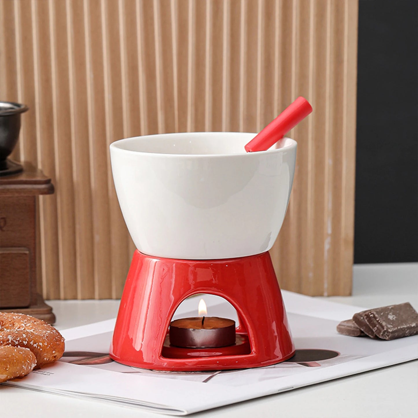 1 Set Ceramic Chocolate Fondue Pot Porcelain Melting Pot Butter Warmer for Kitchen Candy Dessert Caramel Appliances
