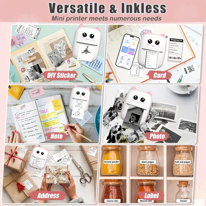 Mini Portable Thermal Printer - Instant Print, Compatible with iOS/Android, for Photos, Labels, Notes, Wireless, USB Charging