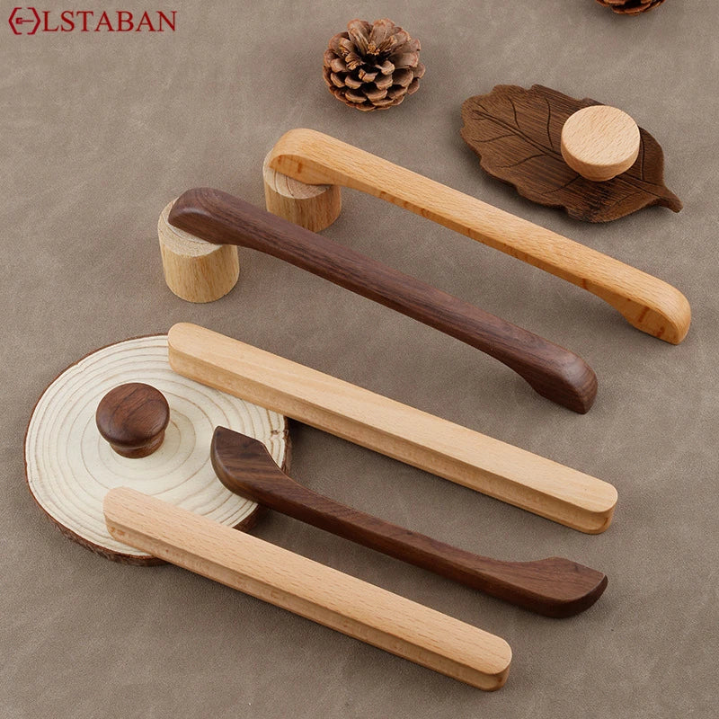 Walnut Beech Kitchen Cabinet Handle Drawer Solid Wood Furniture Door Drawer Round Knob Cupboard Wooden Handle Hardware Long Pull