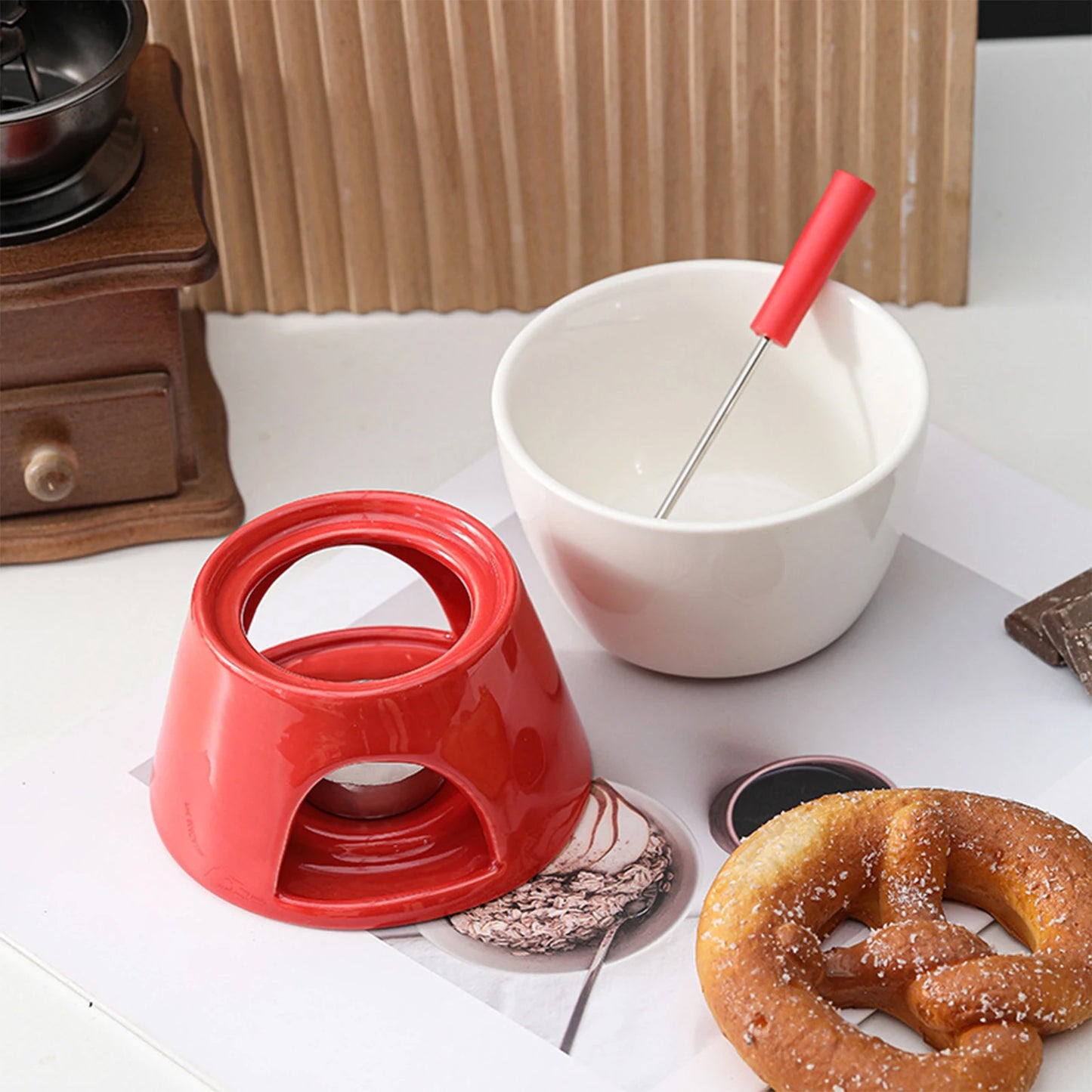 1 Set Ceramic Chocolate Fondue Pot Porcelain Melting Pot Butter Warmer for Kitchen Candy Dessert Caramel Appliances