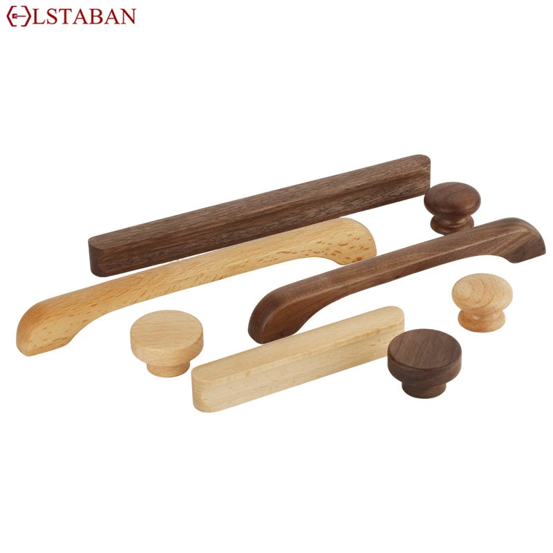 Walnut Beech Kitchen Cabinet Handle Drawer Solid Wood Furniture Door Drawer Round Knob Cupboard Wooden Handle Hardware Long Pull