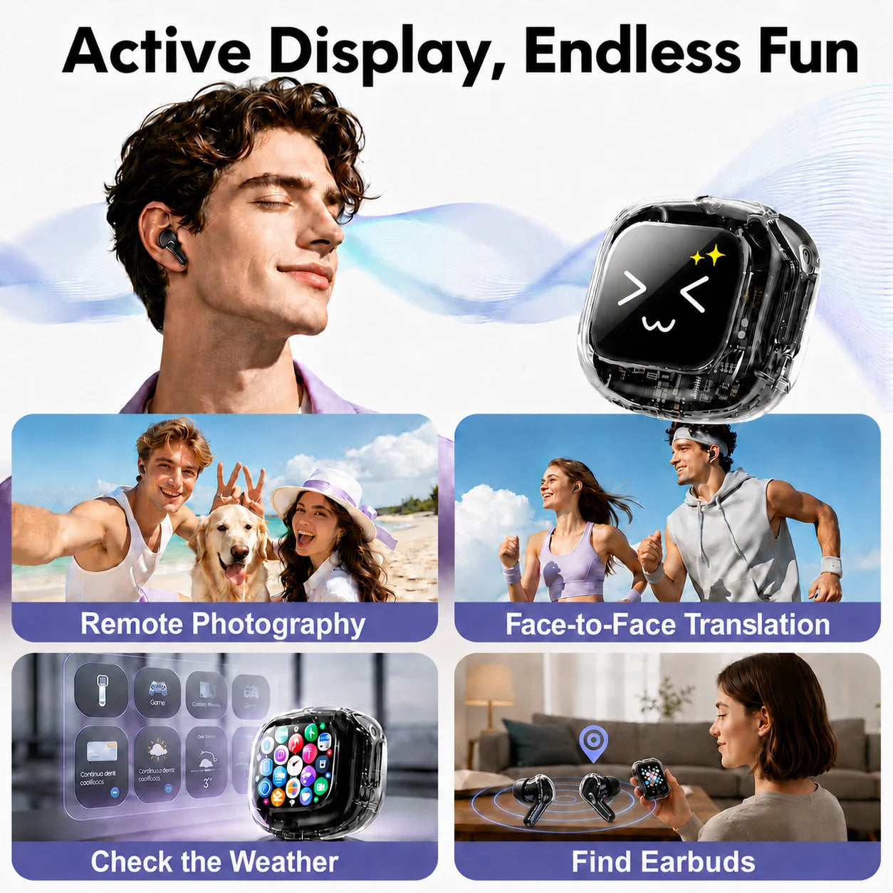 KOUO In-Ear Earbuds with Smart Touch Screen Wireless Bluetooth 5.4 HiFi Audio Earphones for Business Travel Language Translation