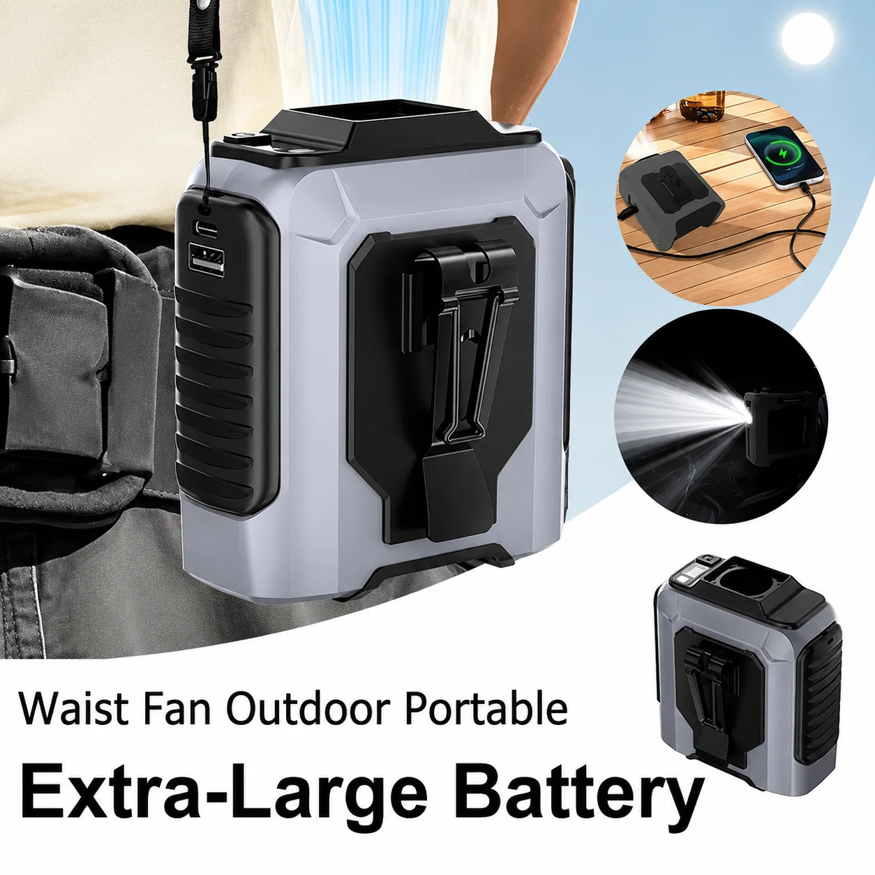 2026 NEW Rechargeable Portable Hands-Free Mini Fan Large Battery With Flashlight 5th Speed Suitable For Outdoor Work Lighting