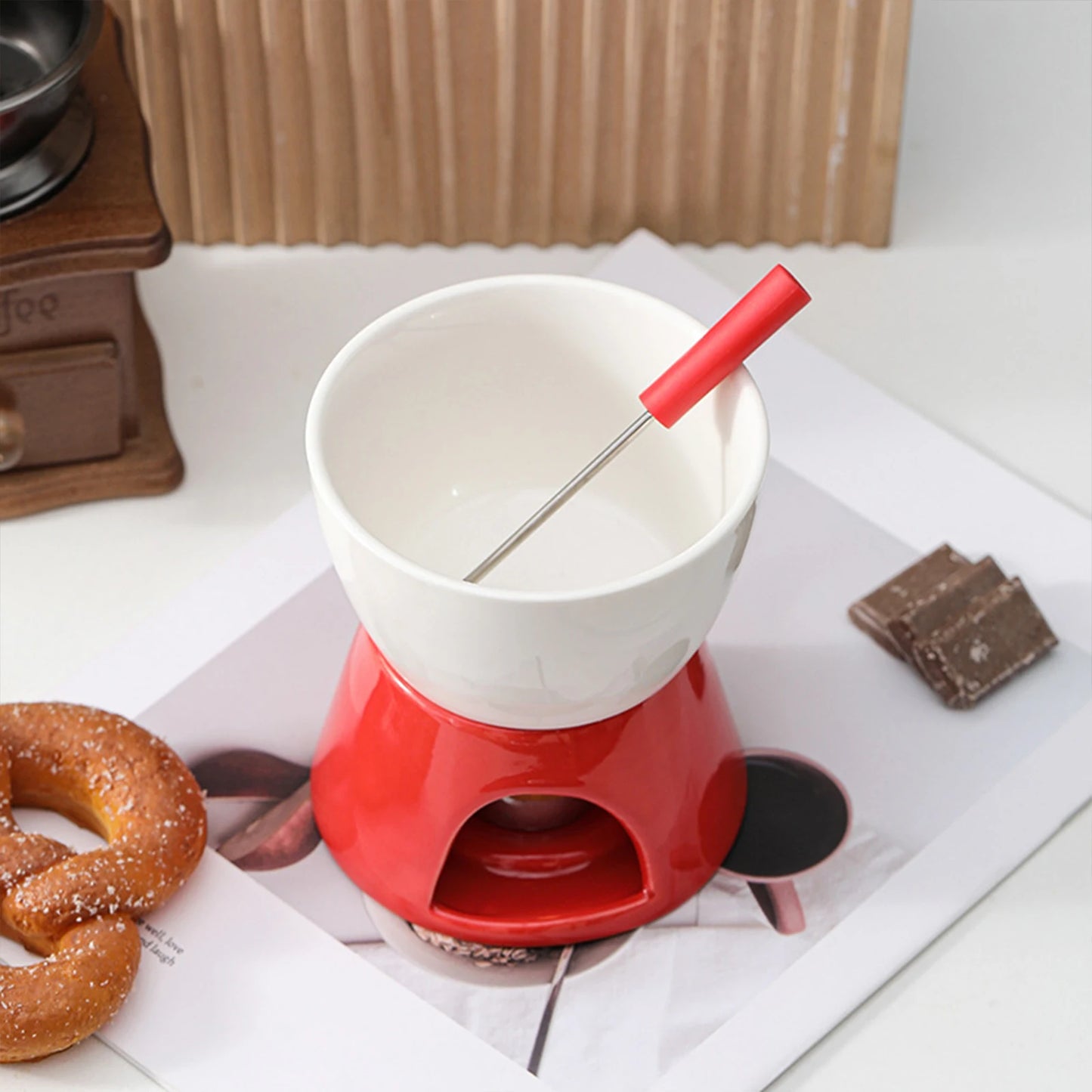 1 Set Ceramic Chocolate Fondue Pot Porcelain Melting Pot Butter Warmer for Kitchen Candy Dessert Caramel Appliances