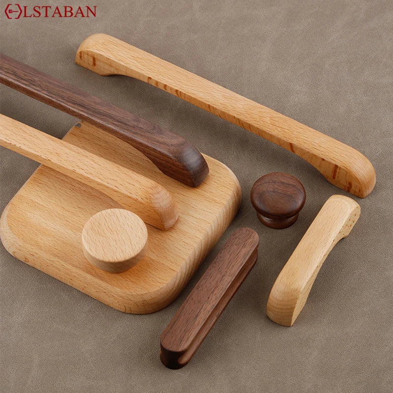 Walnut Beech Kitchen Cabinet Handle Drawer Solid Wood Furniture Door Drawer Round Knob Cupboard Wooden Handle Hardware Long Pull