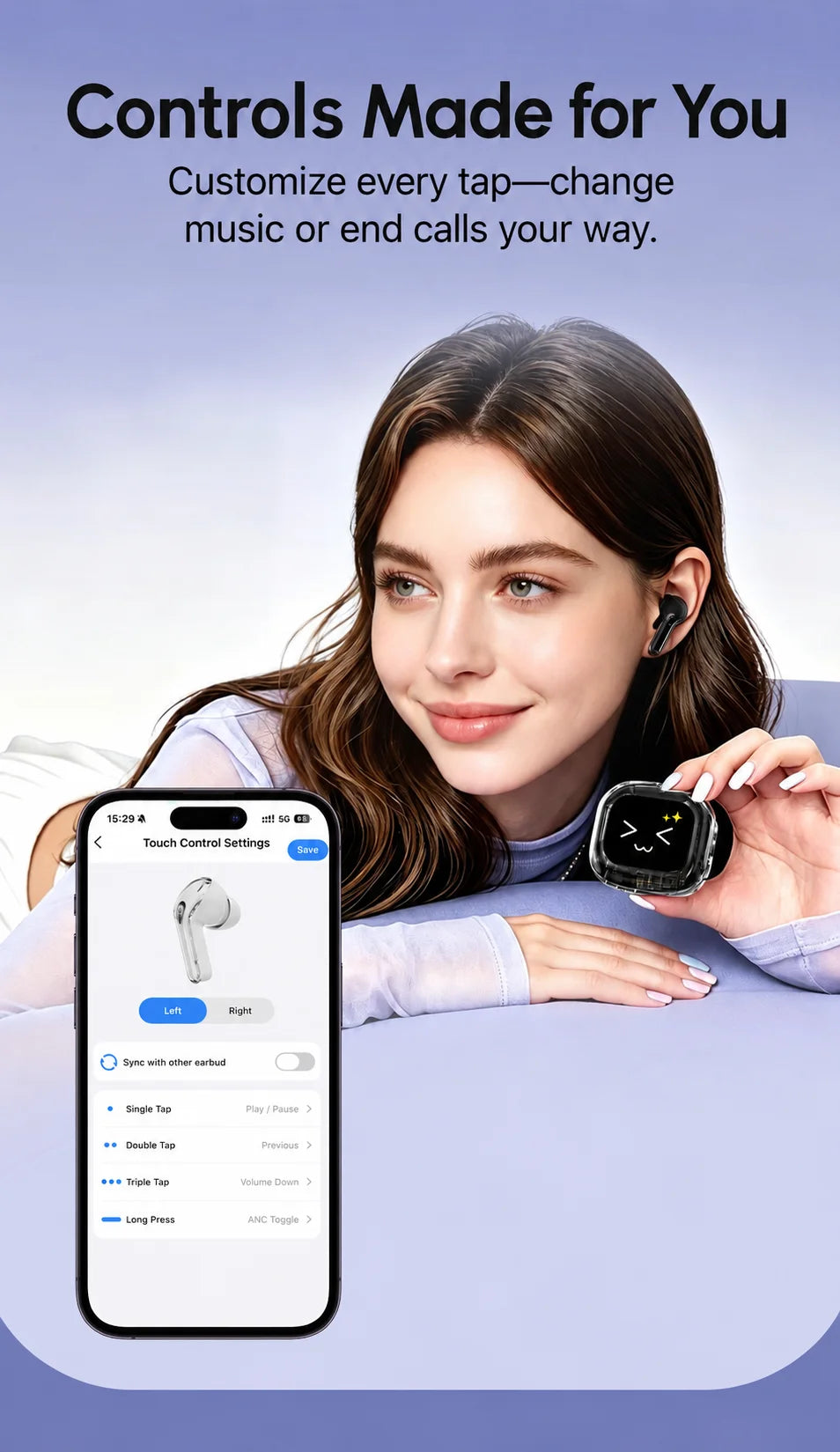 KOUO In-Ear Earbuds with Smart Touch Screen Wireless Bluetooth 5.4 HiFi Audio Earphones for Business Travel Language Translation