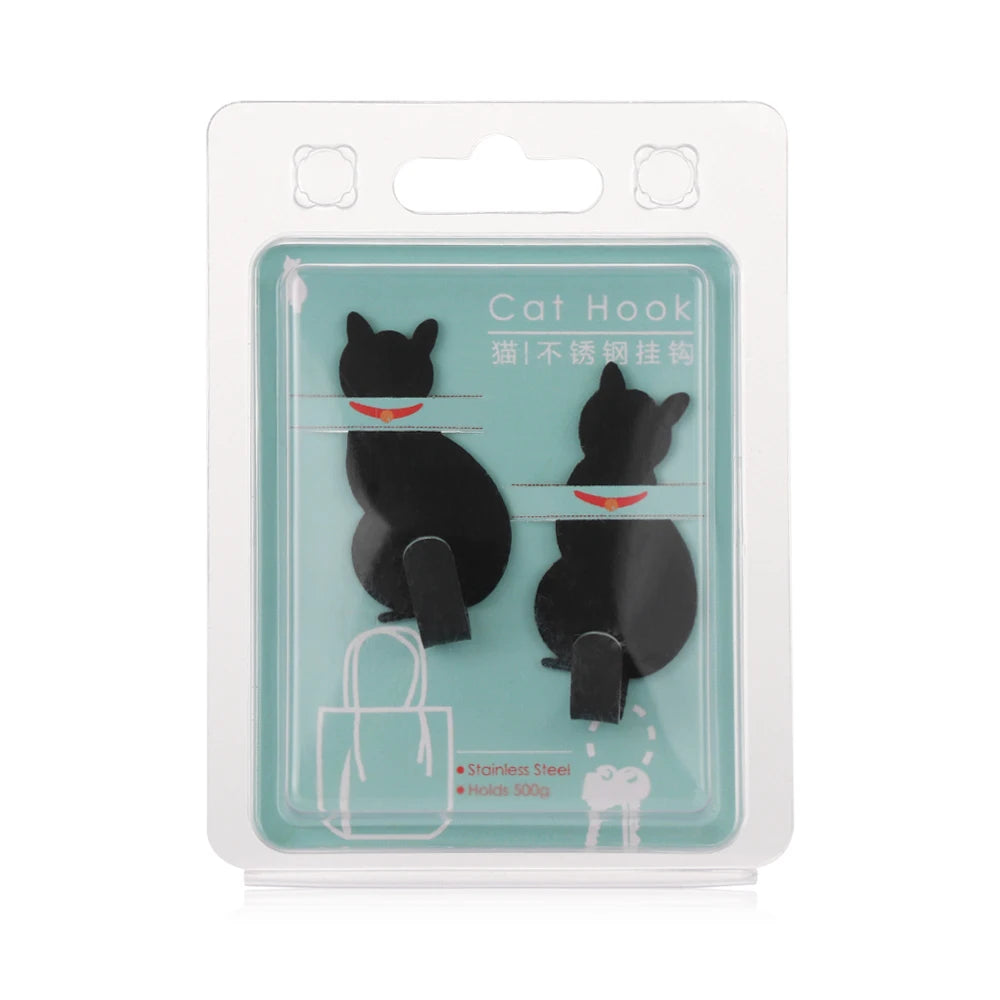 2PCS Cat Pattern Hooks Self Adhesive Cute No-Trace Rack Storage Holder Door Hanging Super Strong Hanger Bathroom Kitchen Decor