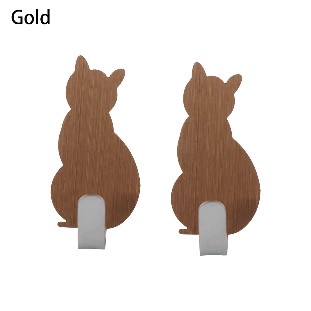 2PCS Cat Pattern Hooks Self Adhesive Cute No-Trace Rack Storage Holder Door Hanging Super Strong Hanger Bathroom Kitchen Decor