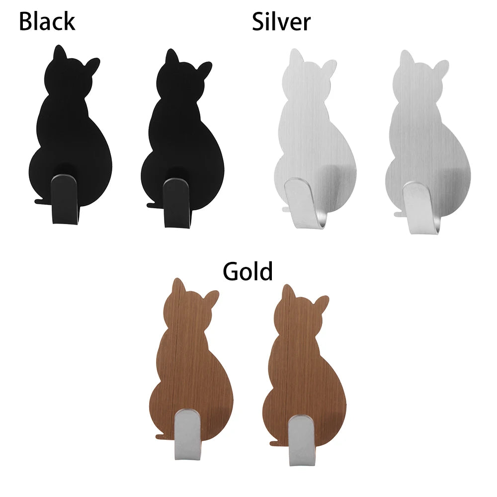 2PCS Cat Pattern Hooks Self Adhesive Cute No-Trace Rack Storage Holder Door Hanging Super Strong Hanger Bathroom Kitchen Decor