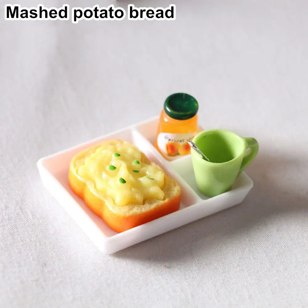 1set Dollhouse MIniature Toast Bread Jam Food Model Dinner Plate Cup Spoon For Doll House Play Kitchen Accessoreis