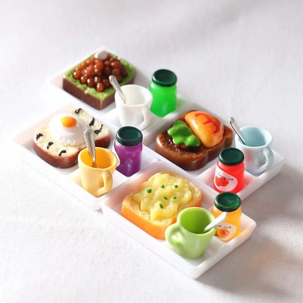 1set Dollhouse MIniature Toast Bread Jam Food Model Dinner Plate Cup Spoon For Doll House Play Kitchen Accessoreis