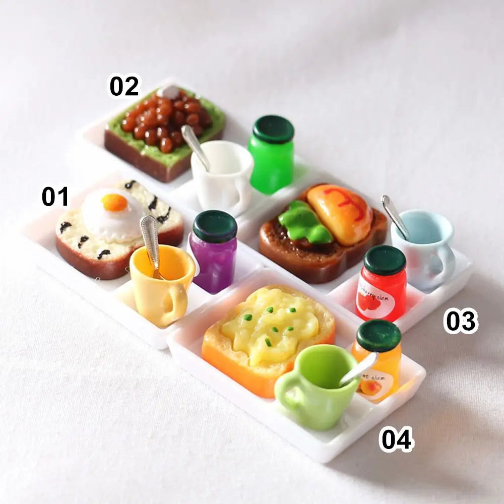 1set Dollhouse MIniature Toast Bread Jam Food Model Dinner Plate Cup Spoon For Doll House Play Kitchen Accessoreis