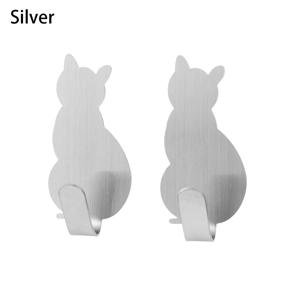 2PCS Cat Pattern Hooks Self Adhesive Cute No-Trace Rack Storage Holder Door Hanging Super Strong Hanger Bathroom Kitchen Decor
